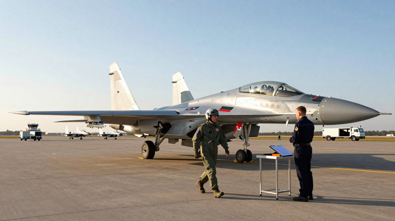 Caça militar estacionado em pista com piloto caminhando e oficial em uniforme ao lado de mesa com documentos.