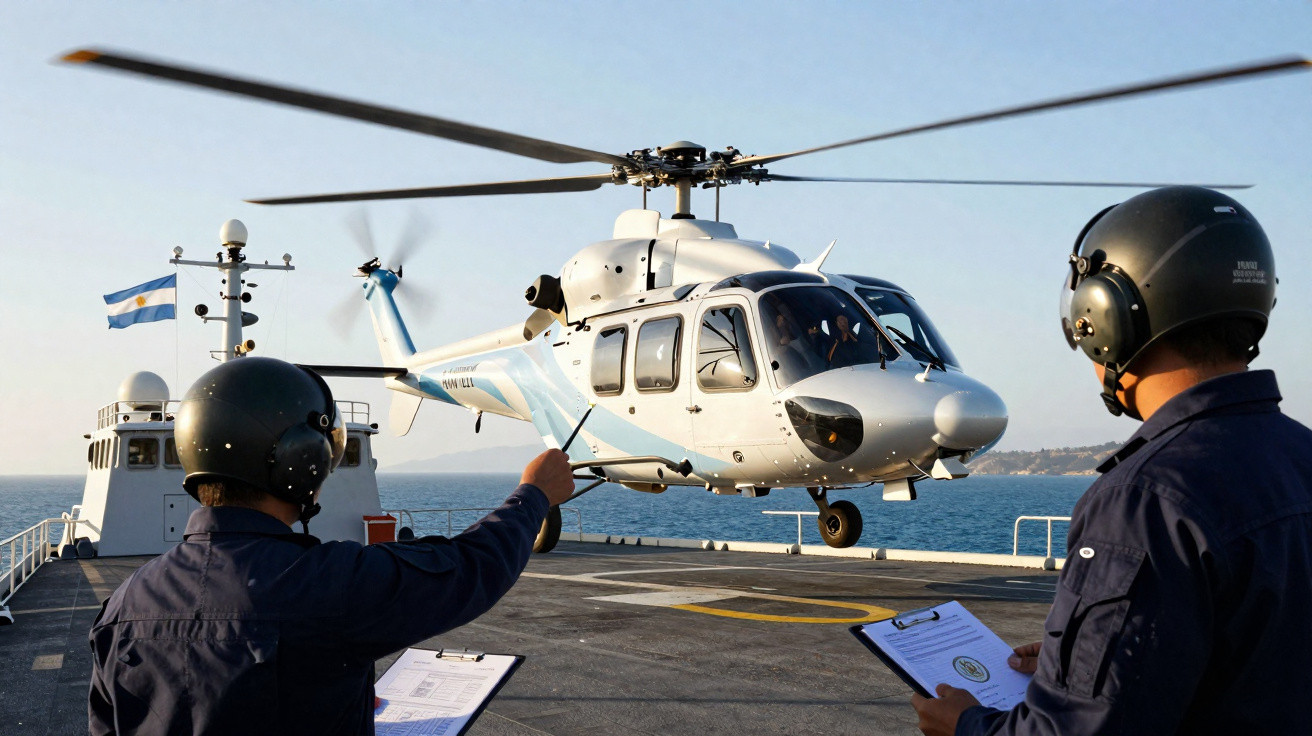 Helicóptero branco pousando em navio militar com dois tripulantes com capacetes e pranchetas observando.