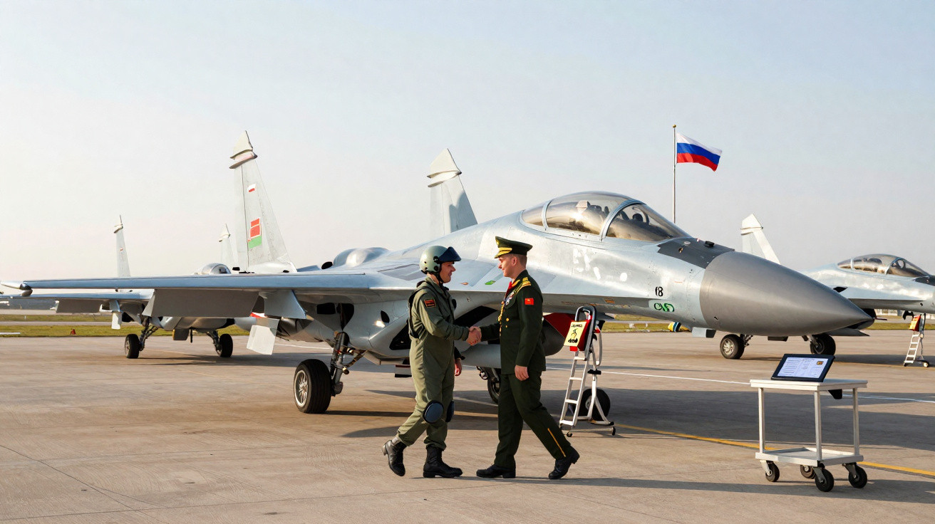 Dois militares se cumprimentam em frente a caças Su-35 com bandeira da Rússia ao fundo em pista de aeroporto militar.