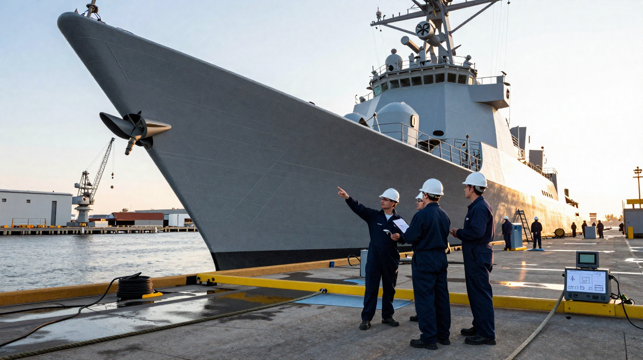 Três engenheiros com capacete discutem em cais ao lado de um grande navio militar ancorado no porto ao entardecer.