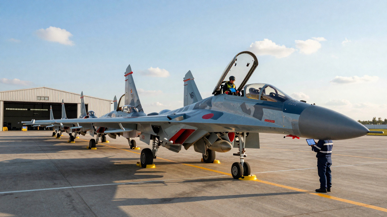 Aviões de combate estacionados em linha no aeroporto com piloto de cabine aberta e técnico em frente.