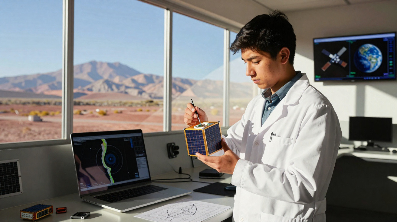Jovem cientista em jaleco ajusta satélite em miniatura em laboratório com vista para deserto e montanhas.