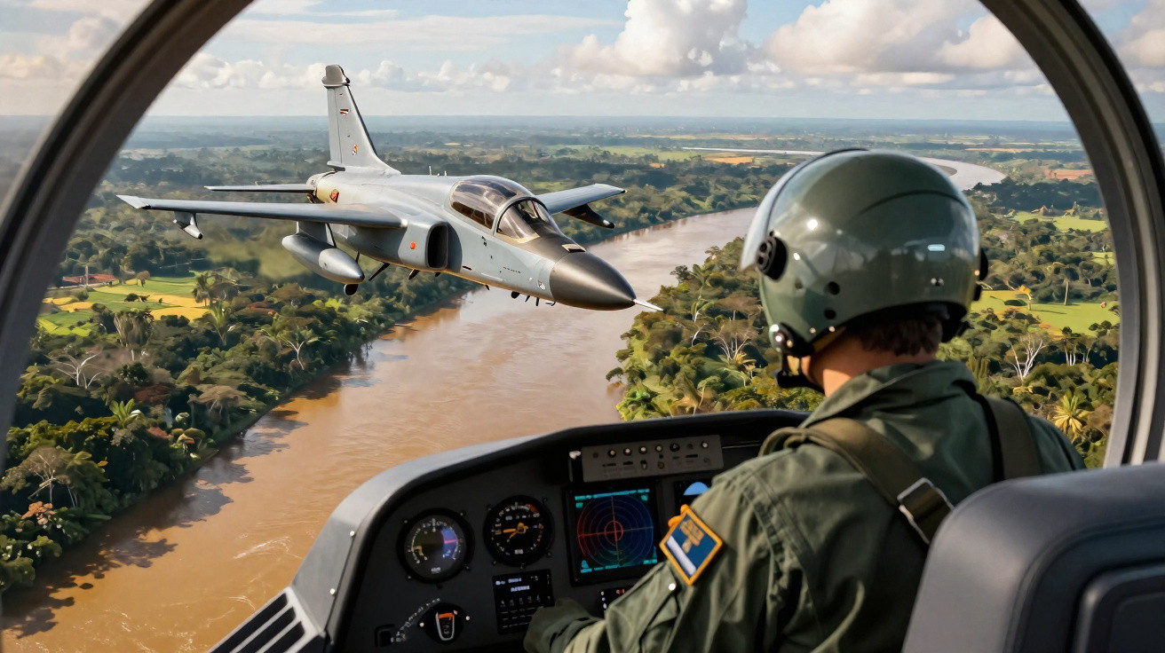 Piloto militar dentro de avião observa caça voando próximo a um rio e áreas verdes em dia nublado.