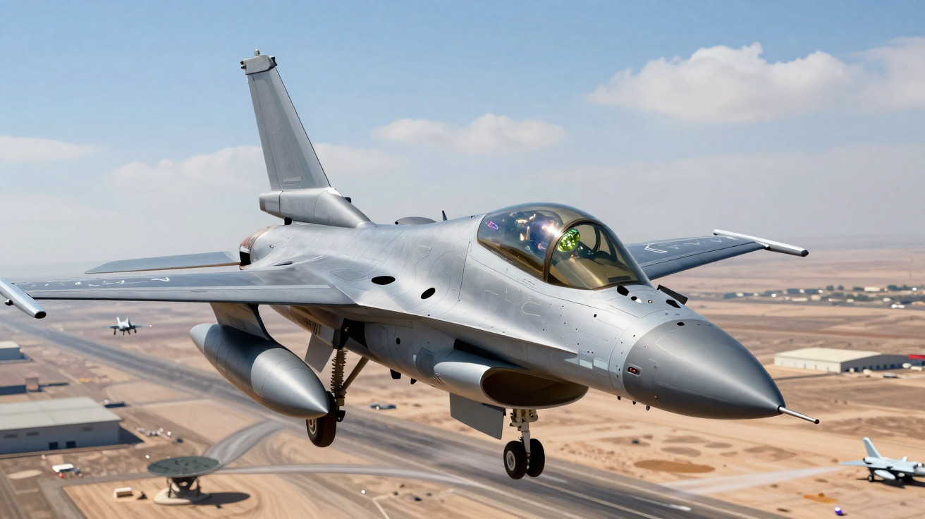 Caça militar cinza sobrevoando área árida com pista de pouso e outras aeronaves ao fundo.