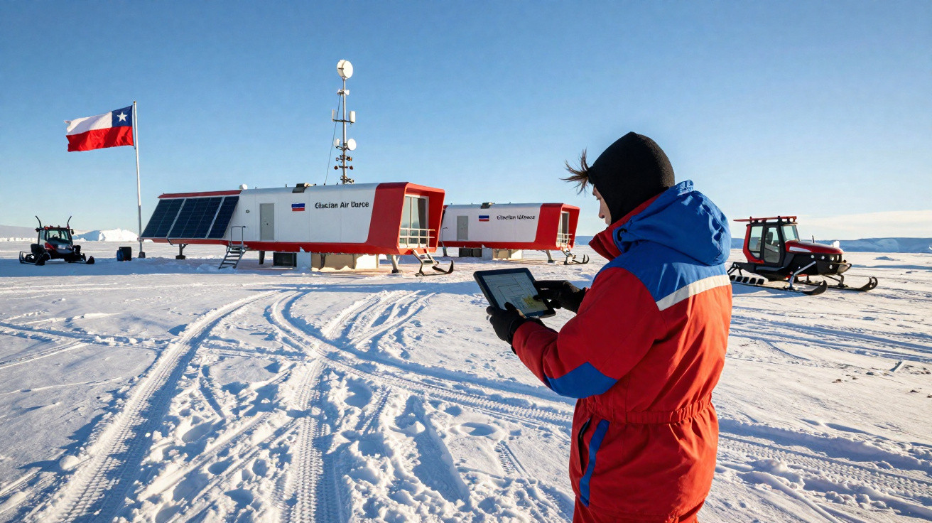 Pessoa com roupa de frio operando drone em base de pesquisa na neve com bandeira do Chile ao fundo.