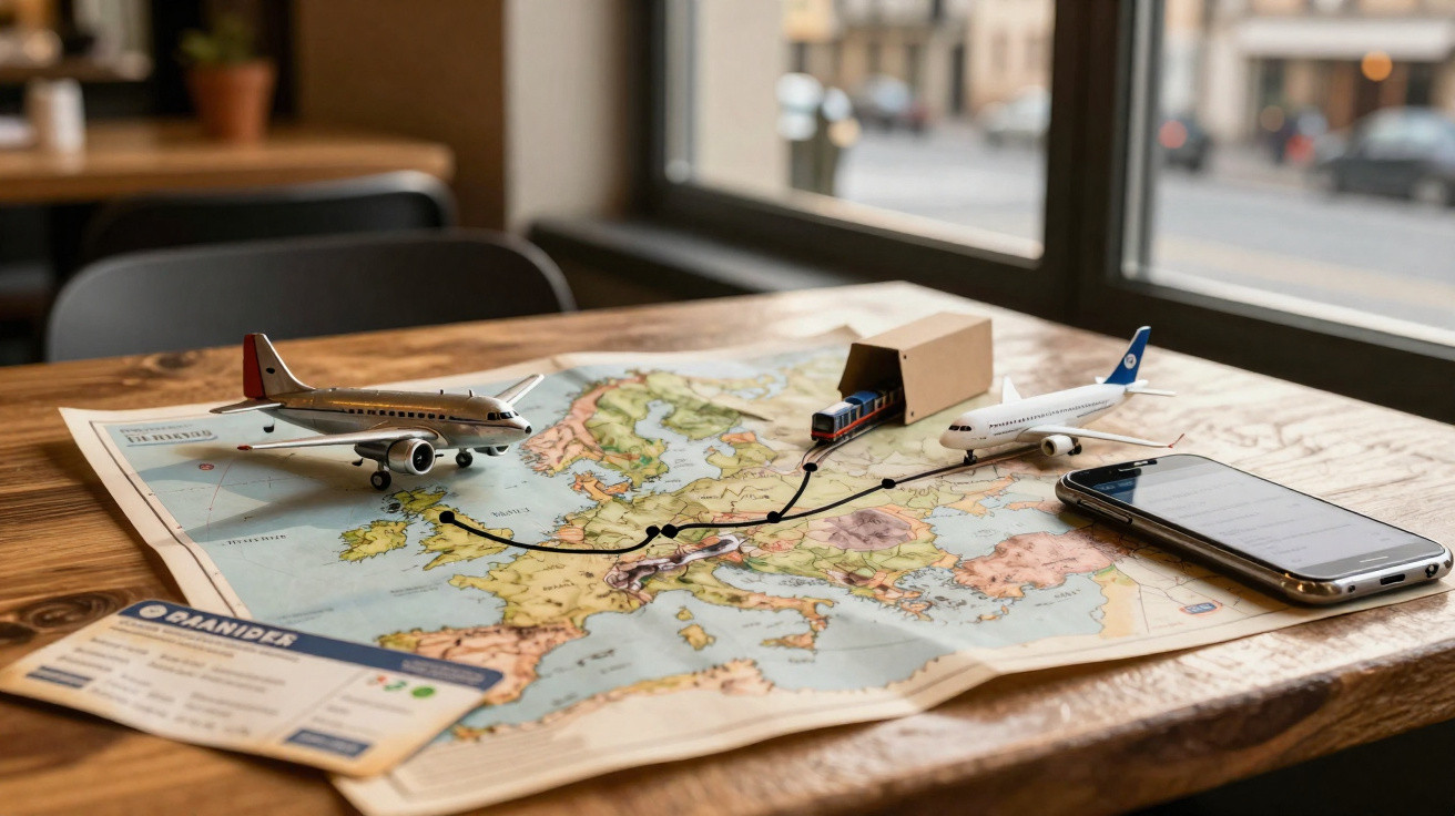 Mapa da Europa com dois aviões de brinquedo, um trem sobre caixa e um celular sobre mesa de madeira.