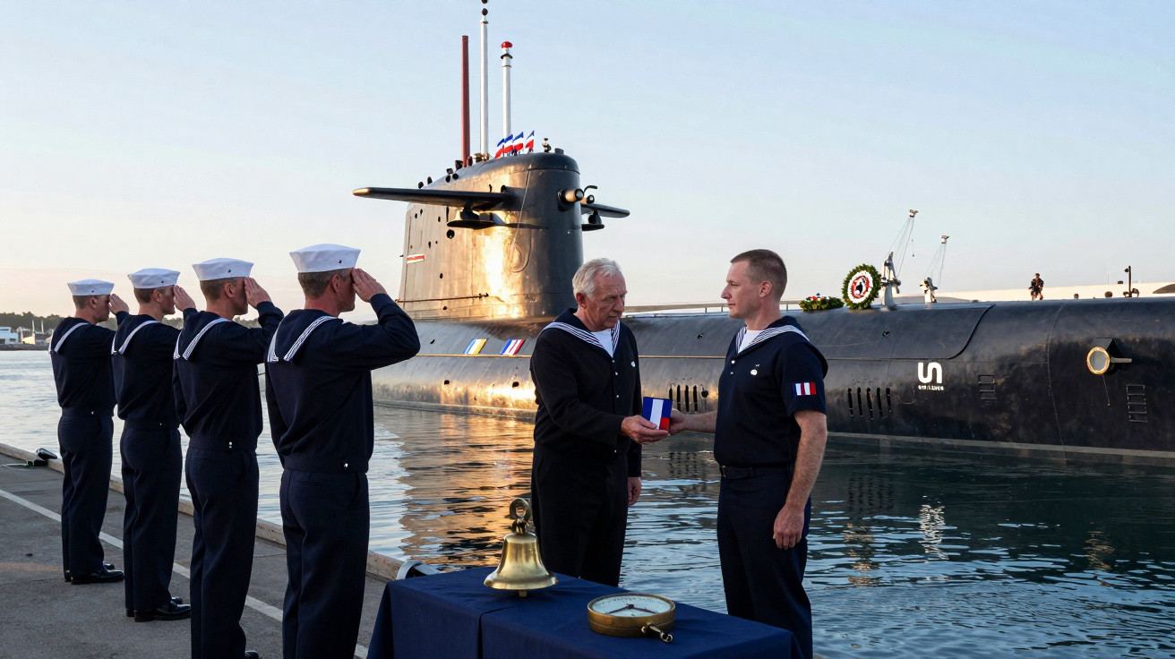 Marinheiros em cerimônia de premiação ao lado de submarino ancorado no porto ao pôr do sol.