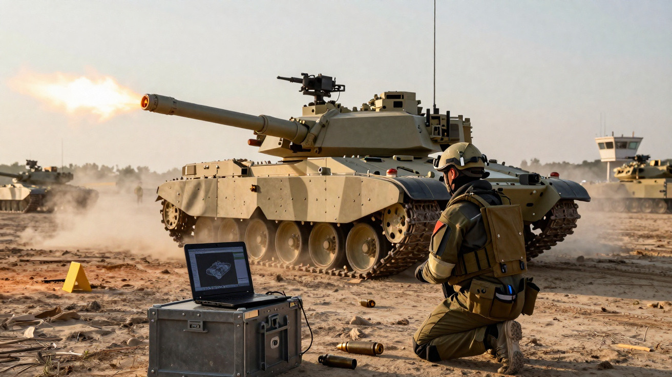 Tanque militar disparando enquanto soldado armado observa ao lado de equipamento eletrônico no solo.