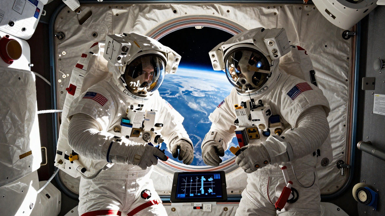 Dois astronautas com trajes brancos dentro de uma estação espacial, com a Terra vista pela janela ao fundo.