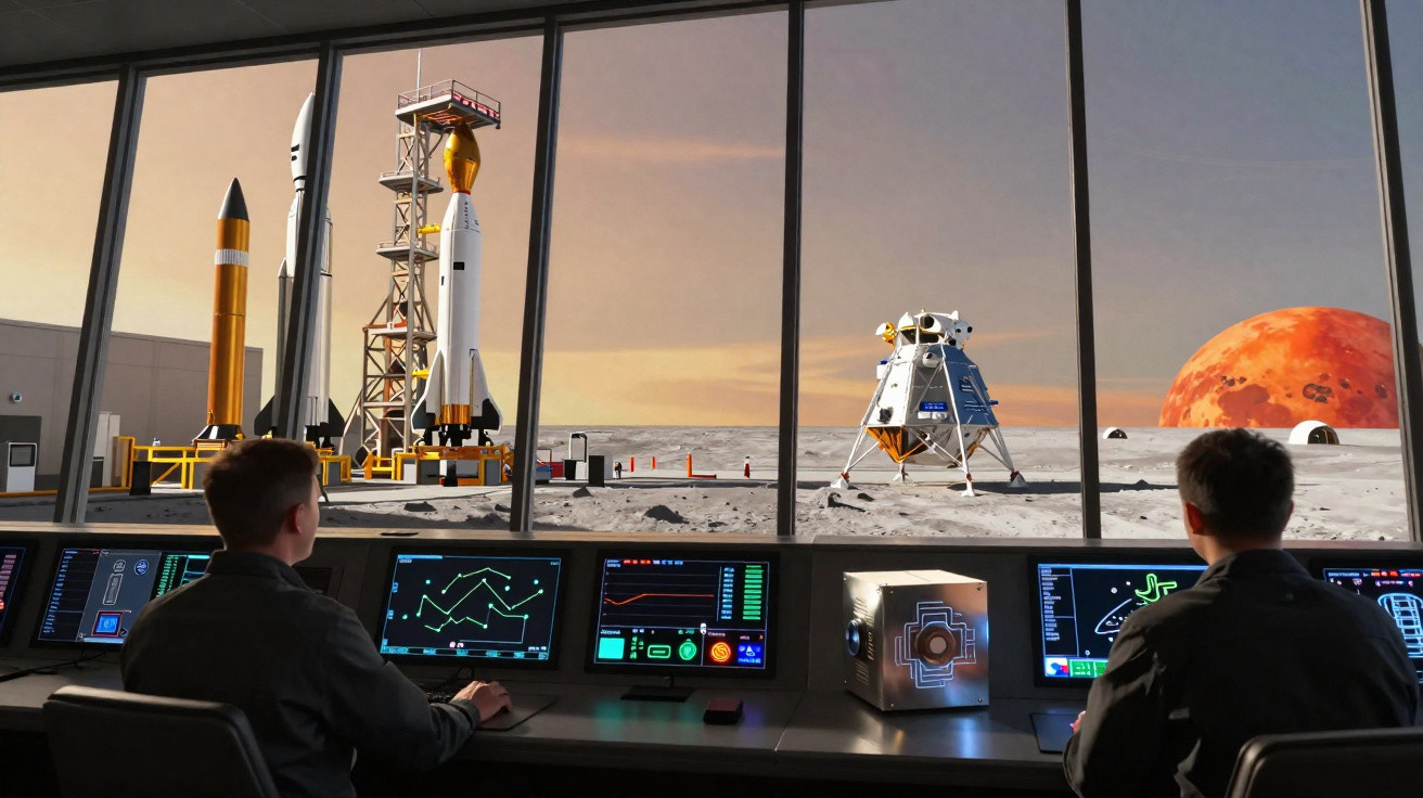 Dois homens em controle monitorando foguetes e módulo lunar em paisagem lunar com planeta laranja ao fundo.