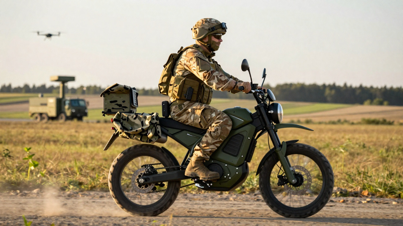 Soldado em uniforme camuflado pilotando motocicleta militar em estrada de terra com drone e caminhão ao fundo.