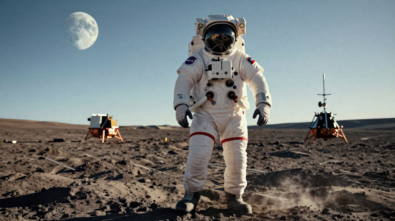 Astronauta com traje espacial andando na superfície lunar com a Lua ao fundo em céu claro.