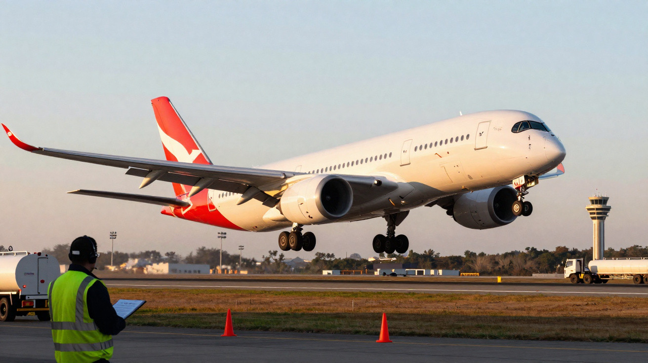 Avião comercial branco com logo vermelho pousando em pista, com controlador no primeiro plano.