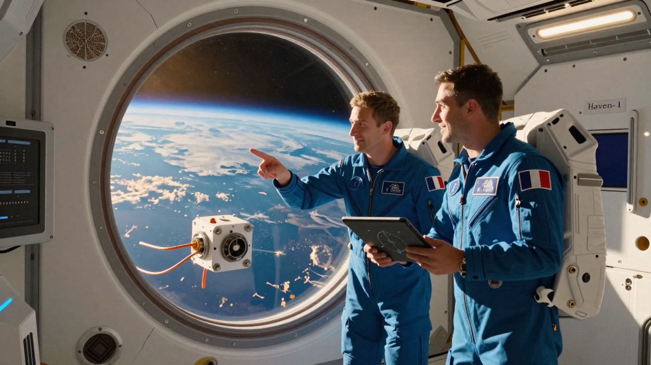 Dois astronautas franceses em trajes azuis observam a Terra pela janela de uma estação espacial.