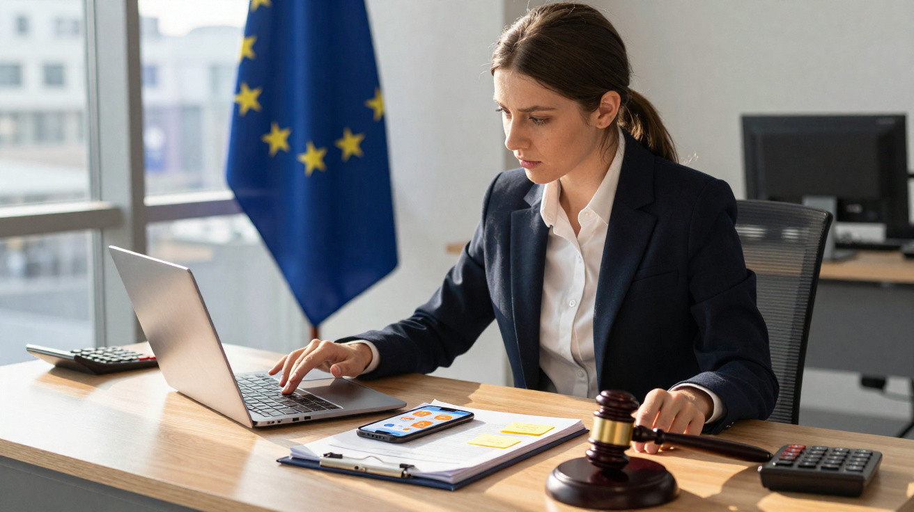 Advogada em escritório, trabalhando no laptop, com malhete e bandeira da União Europeia ao fundo.