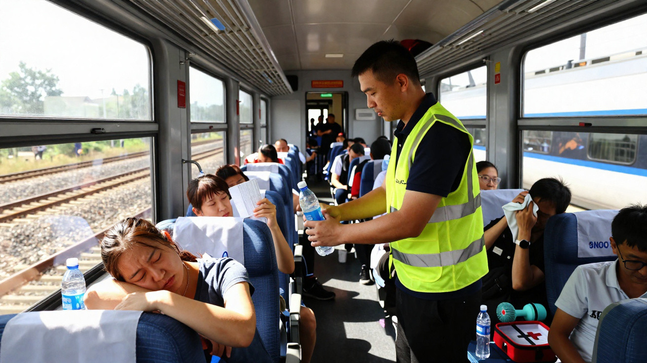 Passageiros sentados e um funcionário com colete refletivo distribuindo água dentro de um trem.