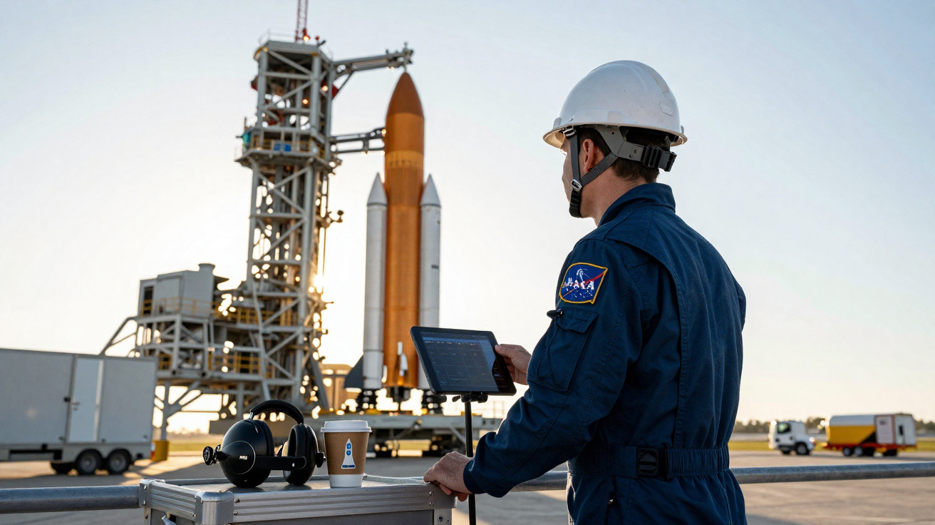 Técnico da NASA com tablet observa foguete na plataforma de lançamento ao amanhecer.