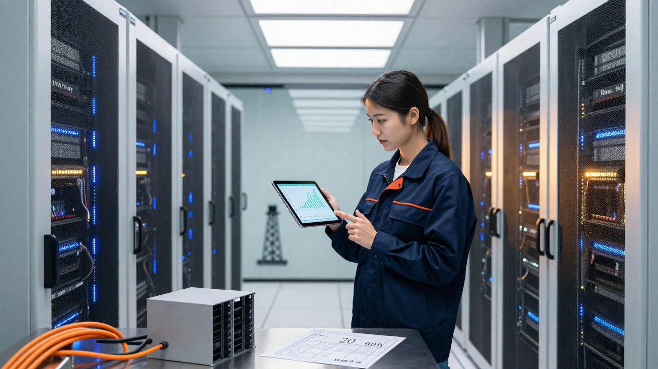 Técnica de TI em sala de servidores verificando dados em tablet entre racks de equipamentos de rede.