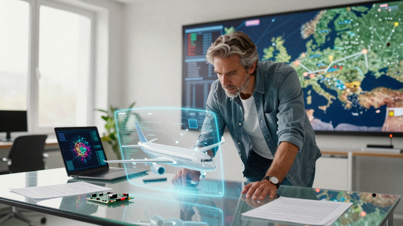 Homem analisando modelo holográfico de avião em escritório com mapa digital da Europa ao fundo.