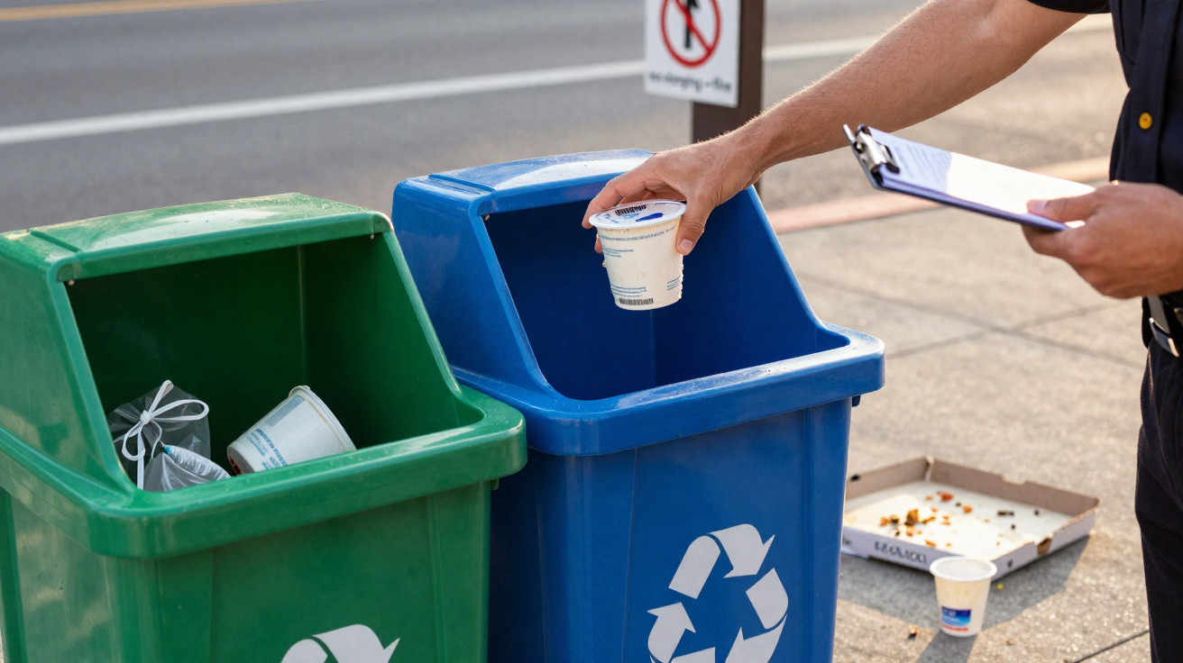 Pessoa colocando copo reciclável azul na lixeira azul ao lado de lixeira verde com resíduos plásticos.