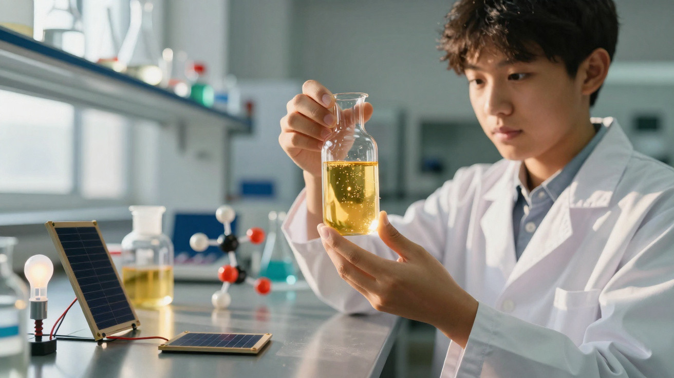 Jovem cientista em laboratório segurando frasco com líquido amarelo, com células solares e lâmpada na mesa.