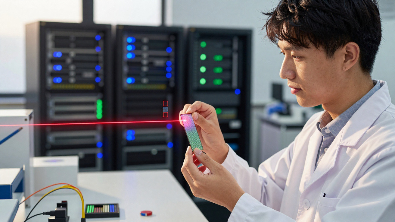 Cientista em laboratório verificando componente tecnológico com laser vermelho ligado em servidor ao fundo.