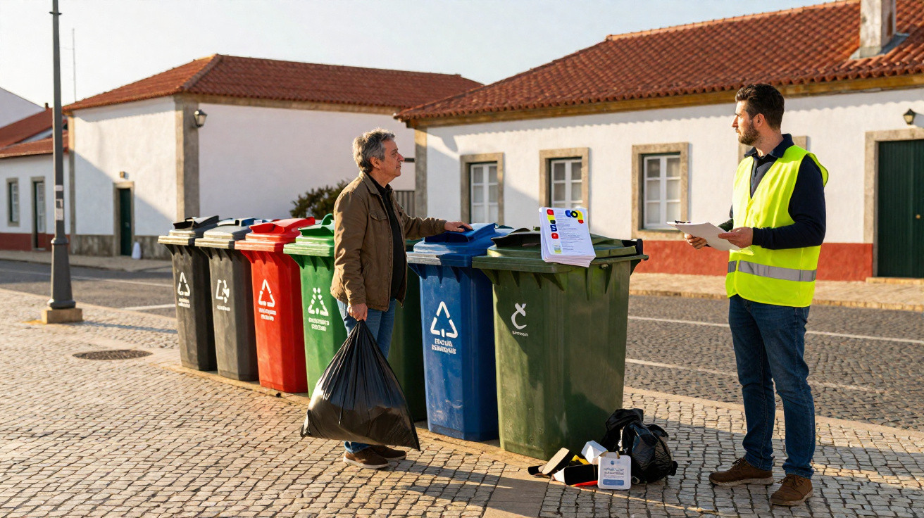 Homem entrega lixo para trabalhador com colete refletivo ao lado de lixeiras coloridas para reciclagem em rua de paralelepípe