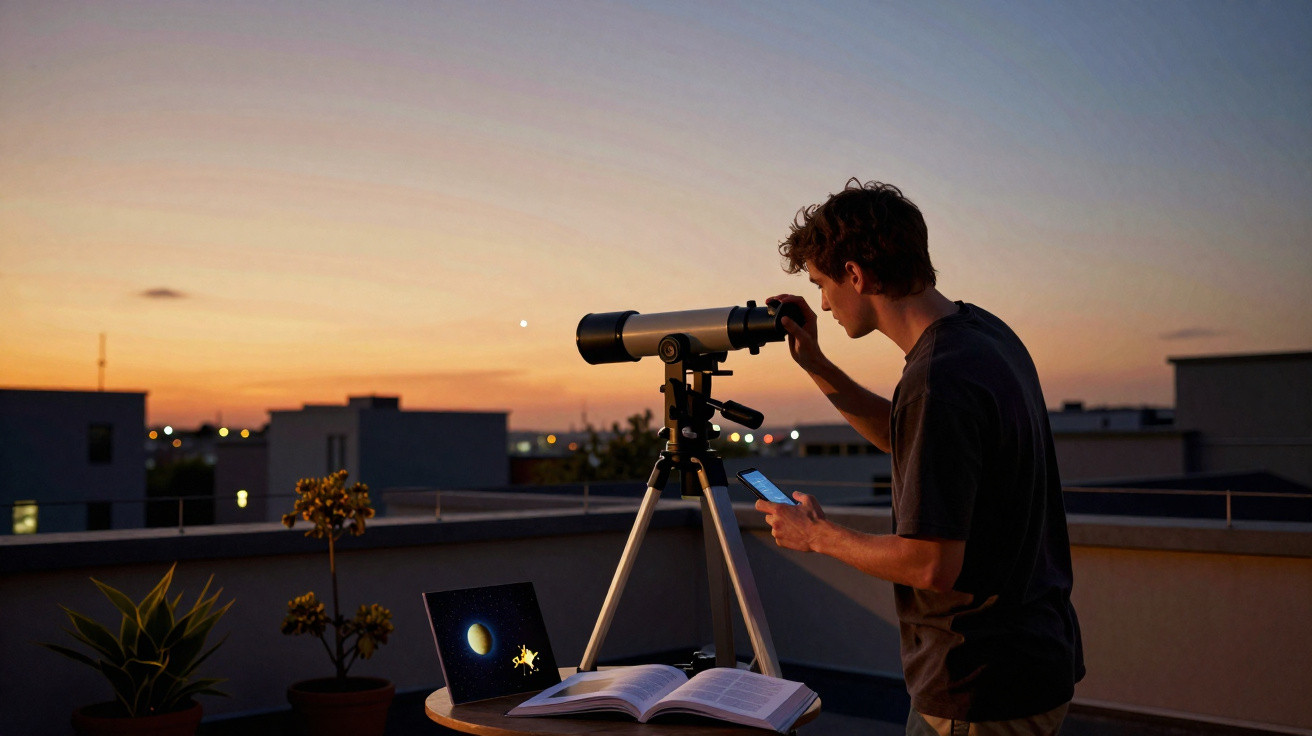 Jovem observa o céu ao entardecer com telescópio em terraço, com laptop e livro aberto na mesa.