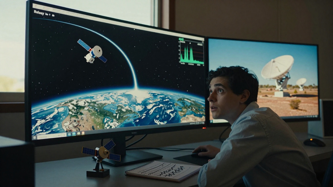 Jovem observa telas com imagens de satélites, Terra vista do espaço e antenas parabólicas em ambiente de trabalho.