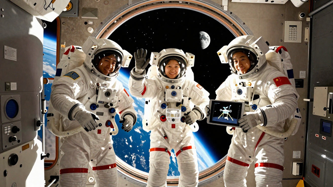 Três astronautas em traje espacial dentro de estação orbital com Terra e Lua ao fundo.