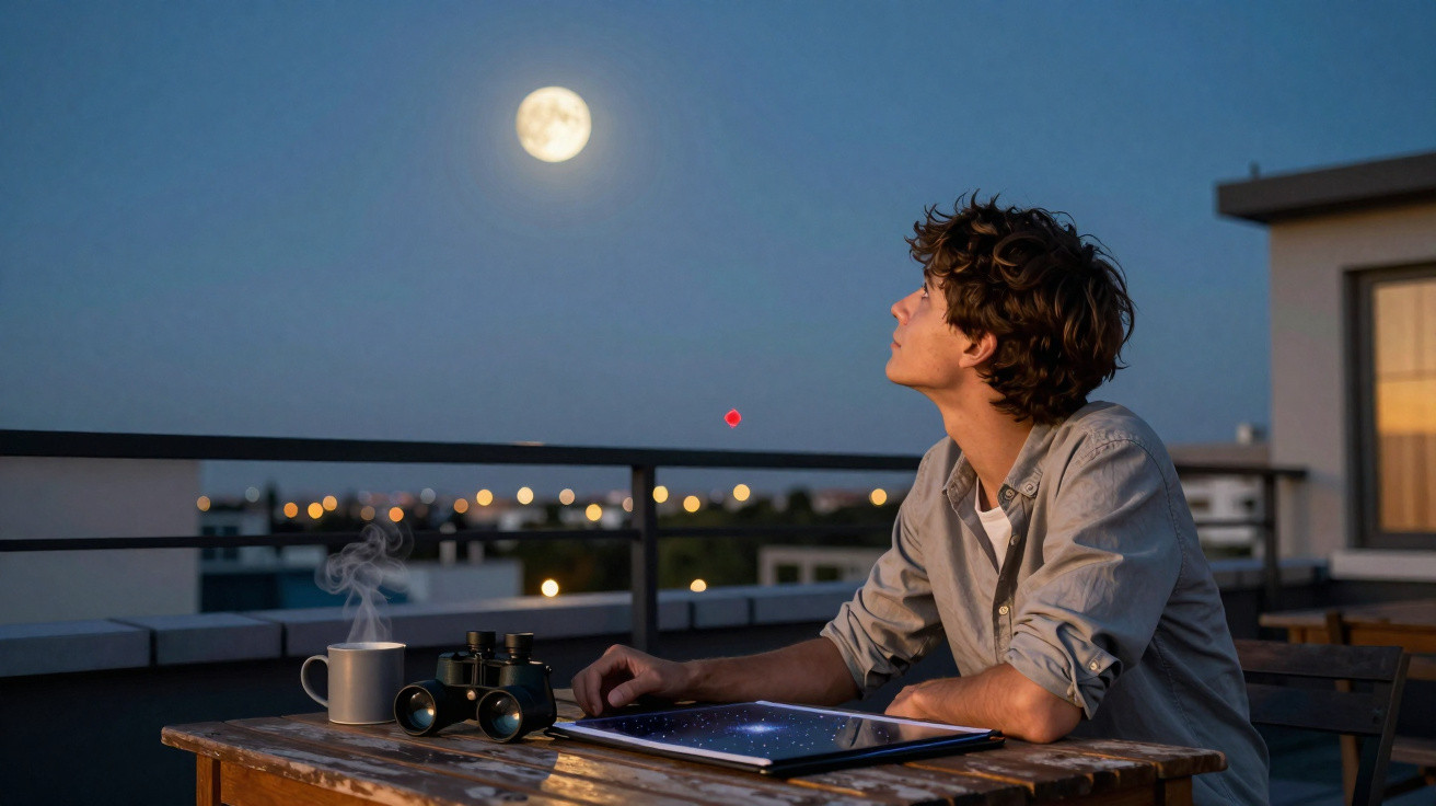 Jovem observa a lua cheia à noite em um terraço com binóculos, tablete e xícara fumegante sobre a mesa.