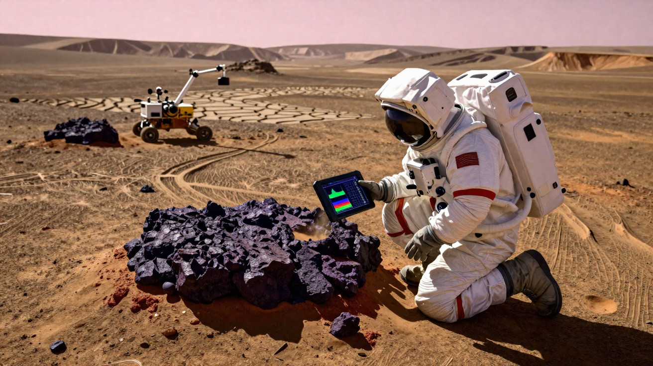 Astronauta em traje completo analisa amostra de rocha em solo marciano com equipamento portátil.