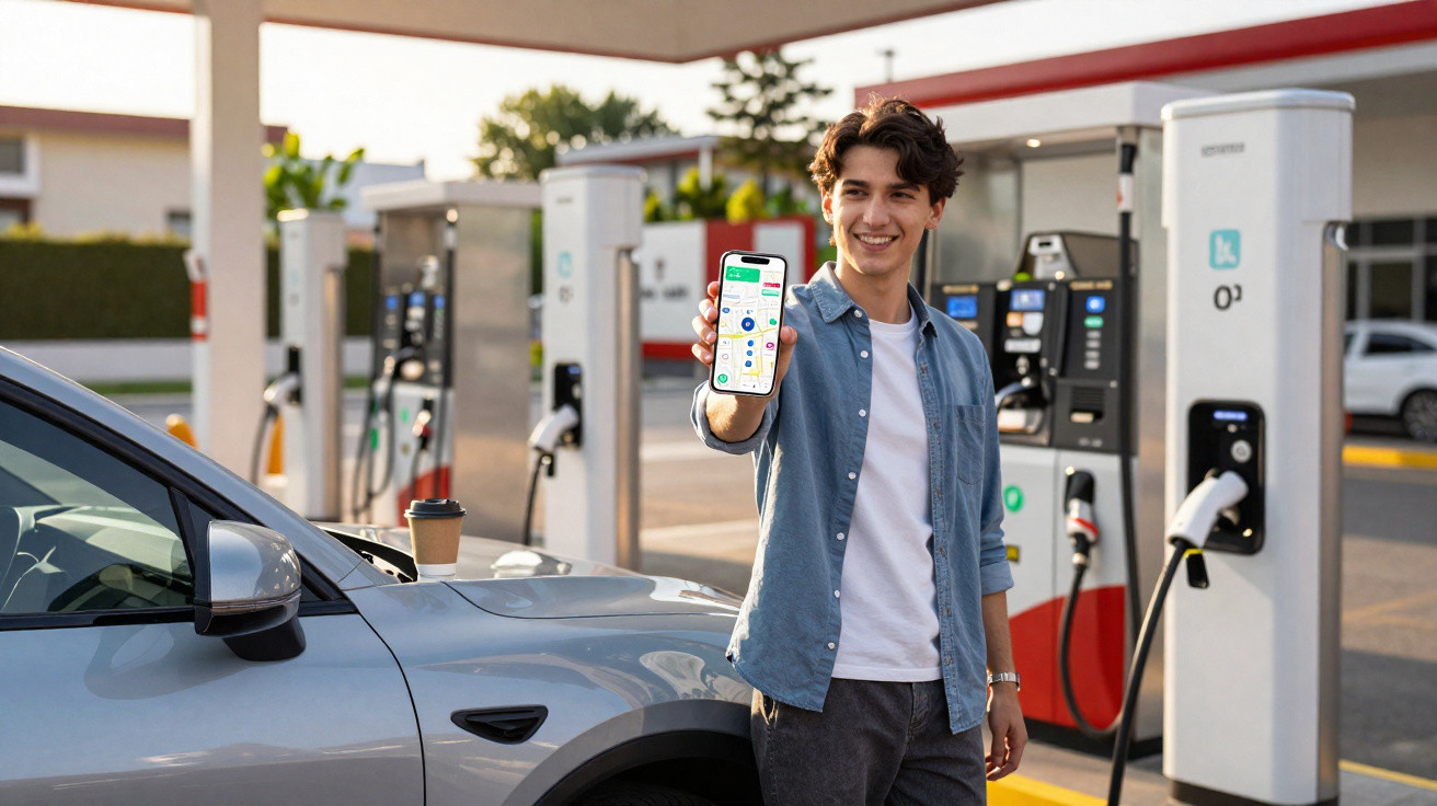 Homem sorridente mostra celular com aplicativo de carregamento de carro elétrico em posto de recarga.
