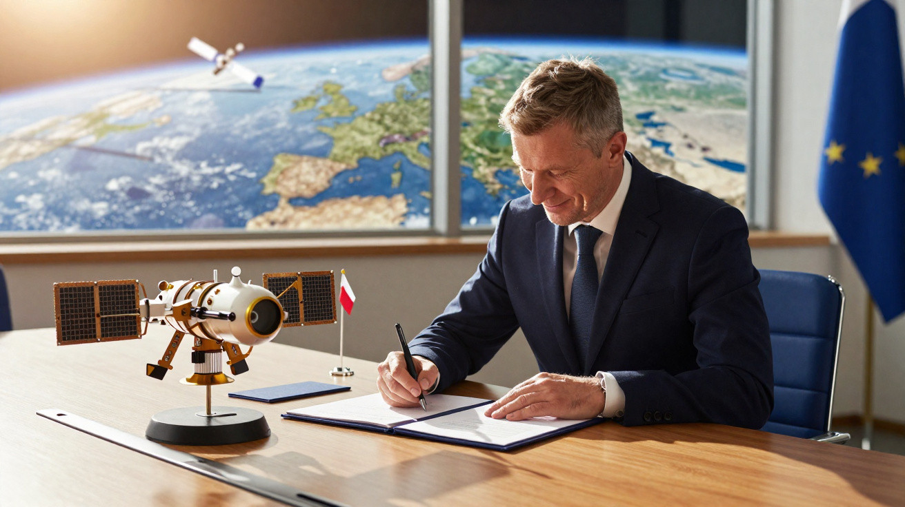Homem de terno assinando documento em sala com modelo de satélite e mapa-múndi na parede.