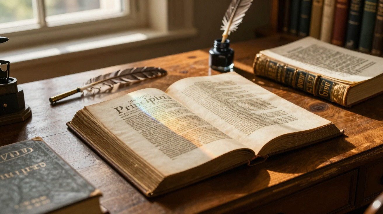 Livro antigo aberto em mesa de madeira com penas e tinteiro junto a outros livros.