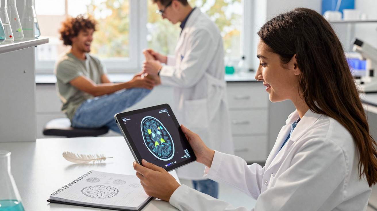 Mulher médica analisa imagem cerebral no tablet em clínica, enquanto colega atende paciente com torção no pé.