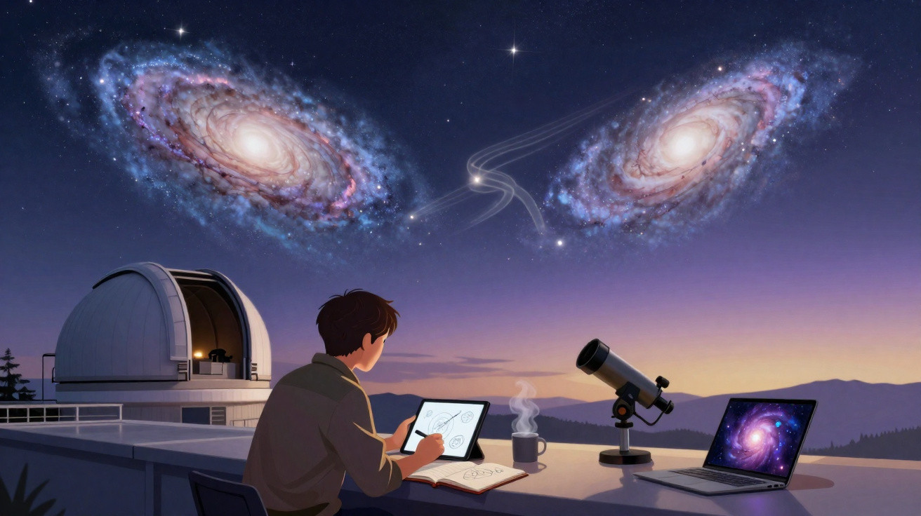 Jovem observa galáxias com telescópio e usa tablet e laptop em observatório ao entardecer.