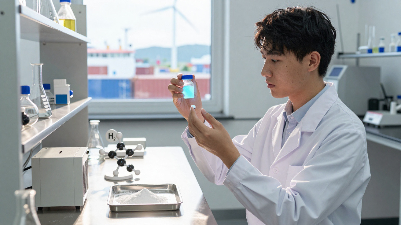 Jovem cientista em laboratório segurando frasco com líquido azul, analisando com atenção e equipamentos ao fundo.