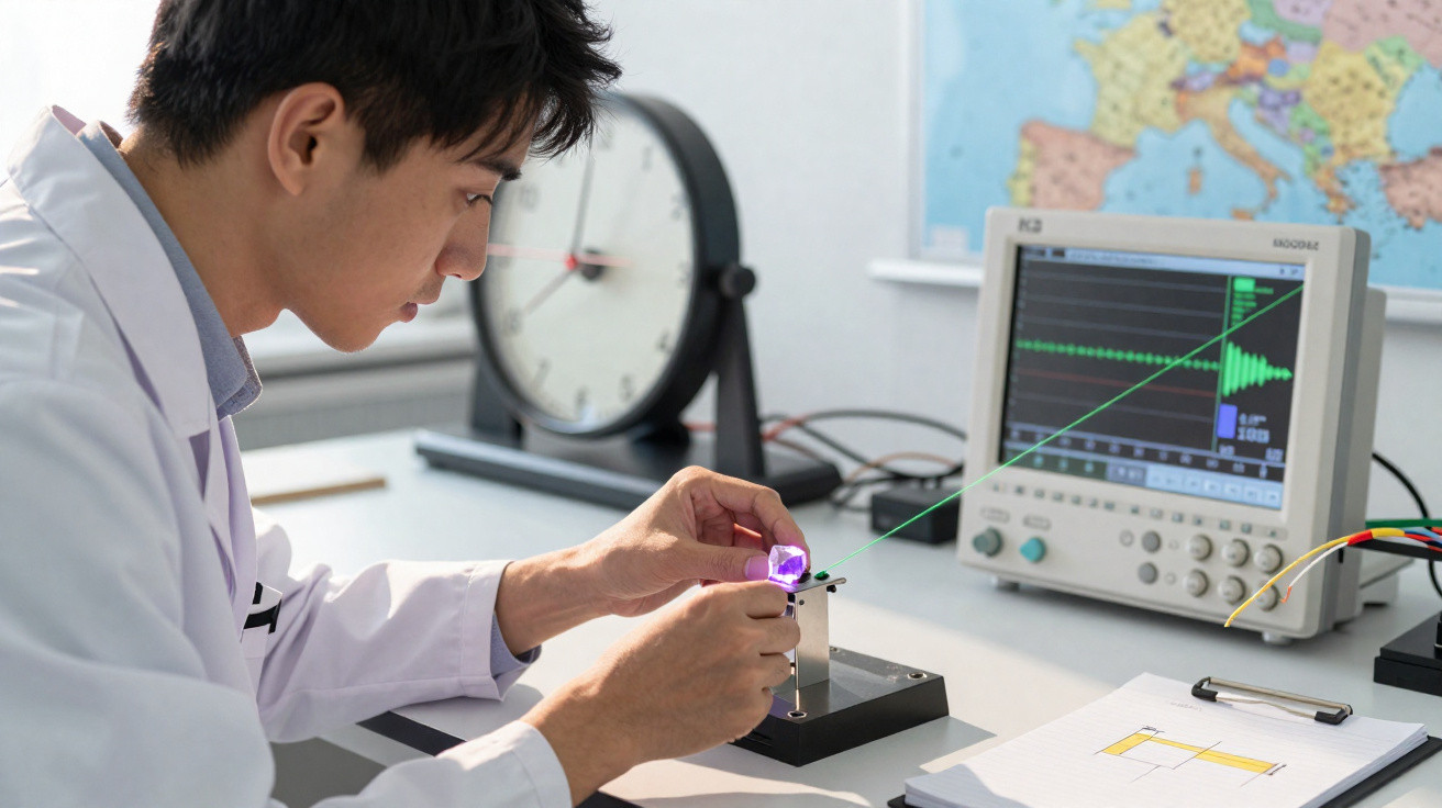 Jovem cientista ajusta experimento com laser verde em laboratório com equipamentos eletrônicos e mapa ao fundo.