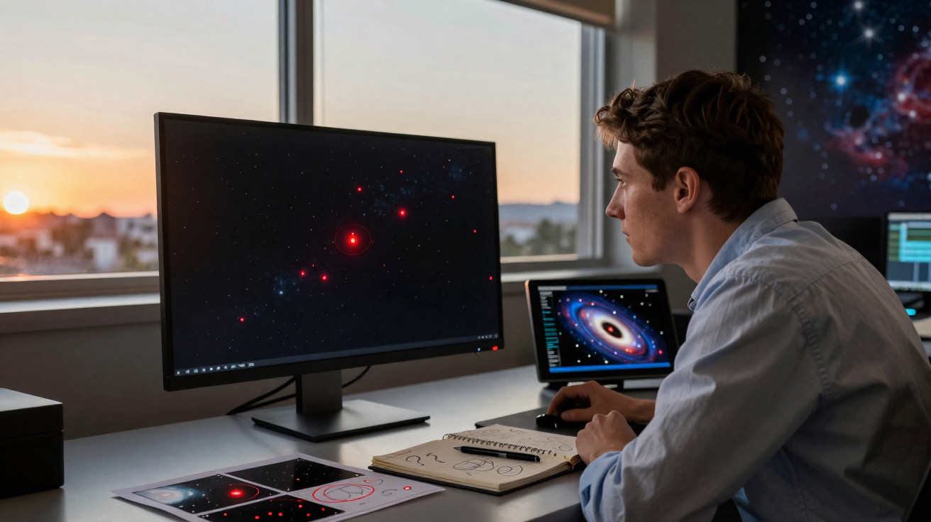 Jovem estudando imagens do espaço em múltiplas telas em ambiente interno ao entardecer.
