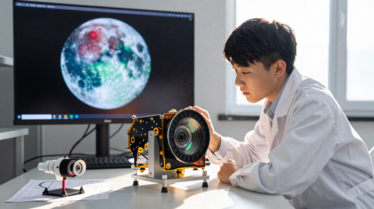 Jovem cientista observa equipamento óptico em bancada, com imagem da lua mostrada em tela ao fundo.