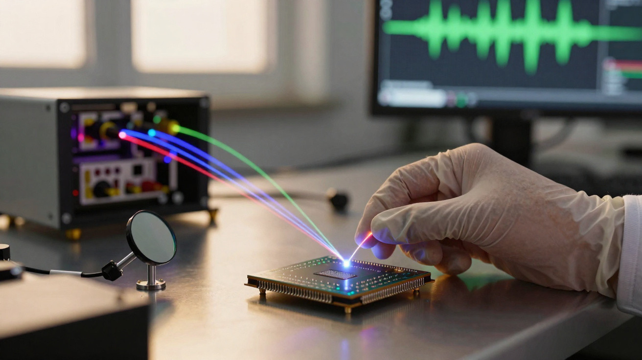 Mão com luva manipulando chip eletrônico com luzes coloridas conectadas a equipamento tecnológico.