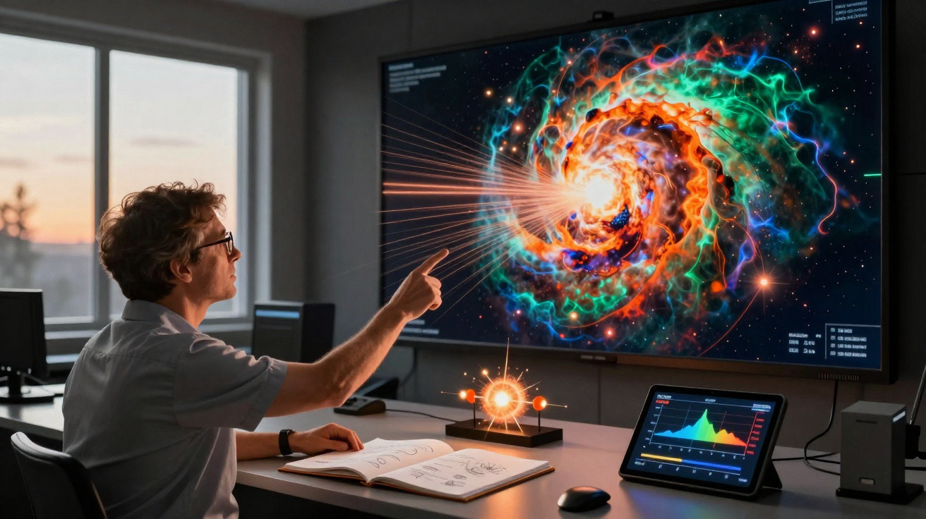 Homem observando e apontando para tela com imagem colorida de galáxia espiral em laboratório moderno.