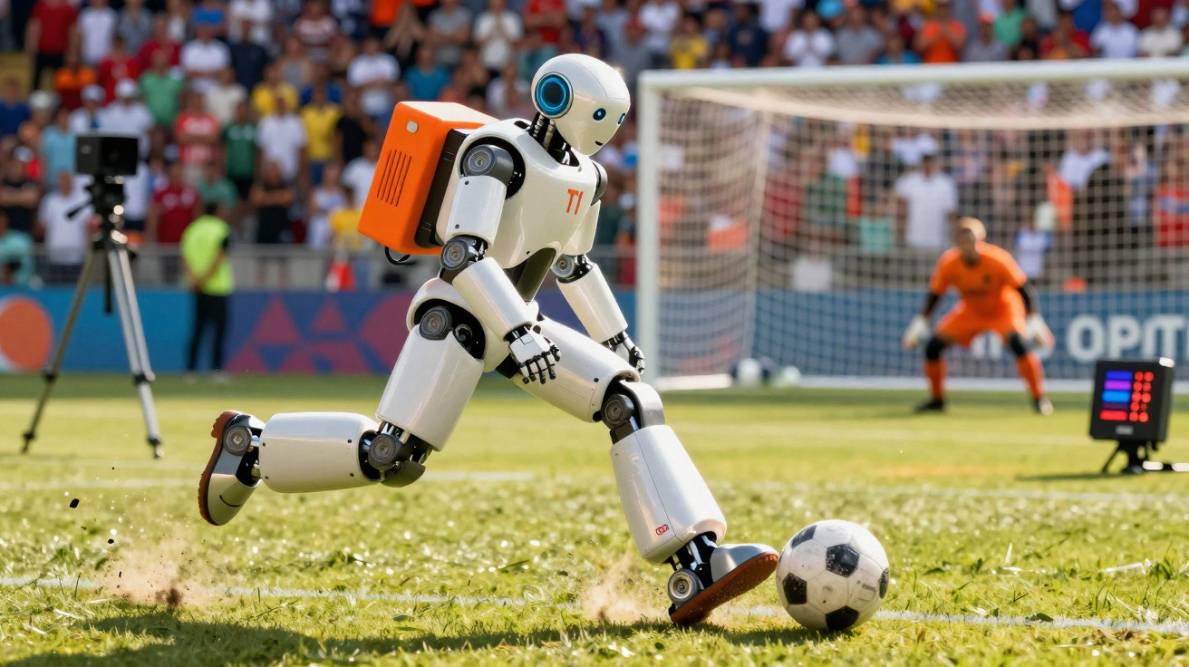 Robô com mochila laranja chutando bola de futebol em campo com goleiro e público ao fundo.