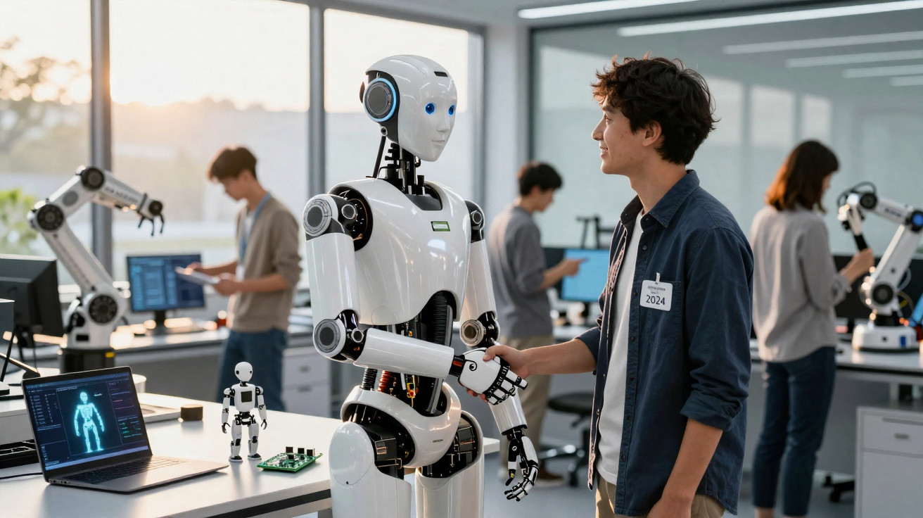 Homem e robô humanoide apertando as mãos em laboratório tecnológico moderno.