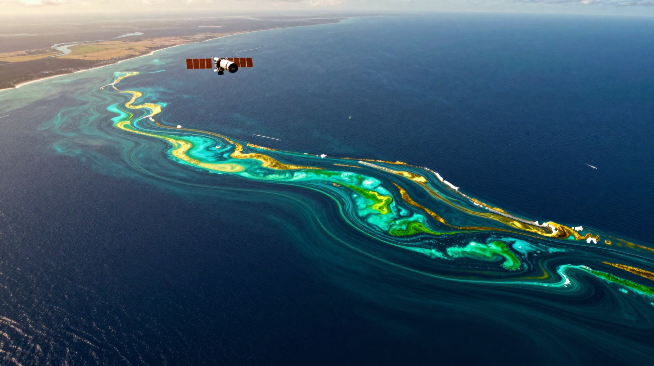 Satélite orbitando sobre recife colorido em tons de azul e verde no oceano perto da costa.