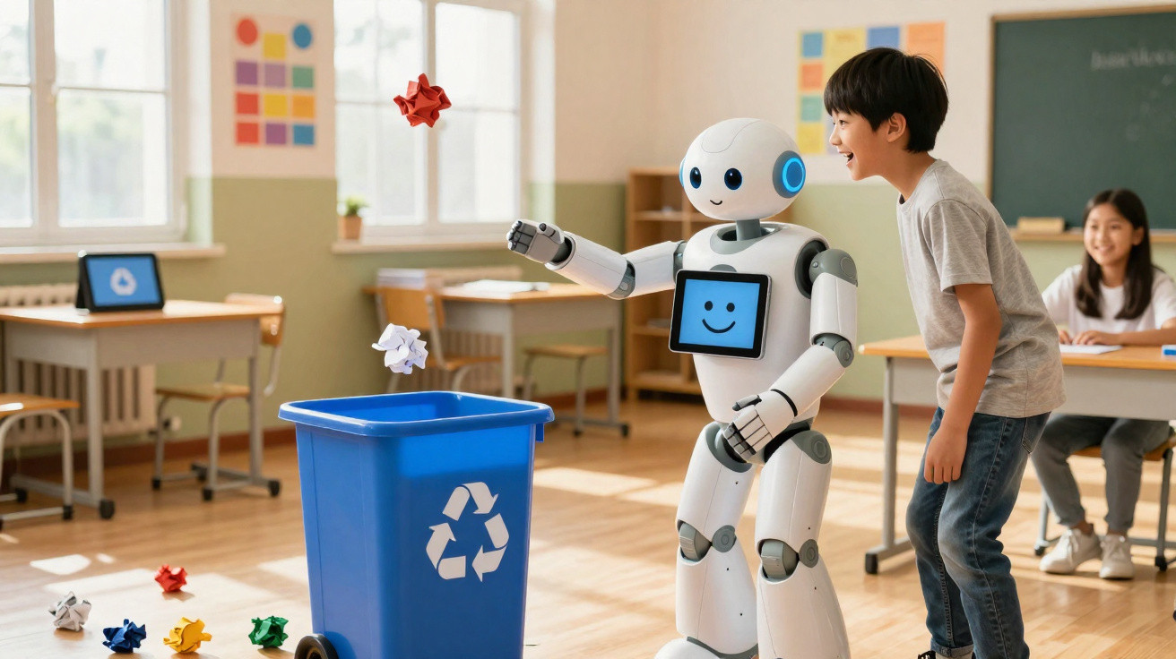 Robô e criança jogando papel reciclável em lixeira azul numa sala de aula com outros alunos ao fundo.