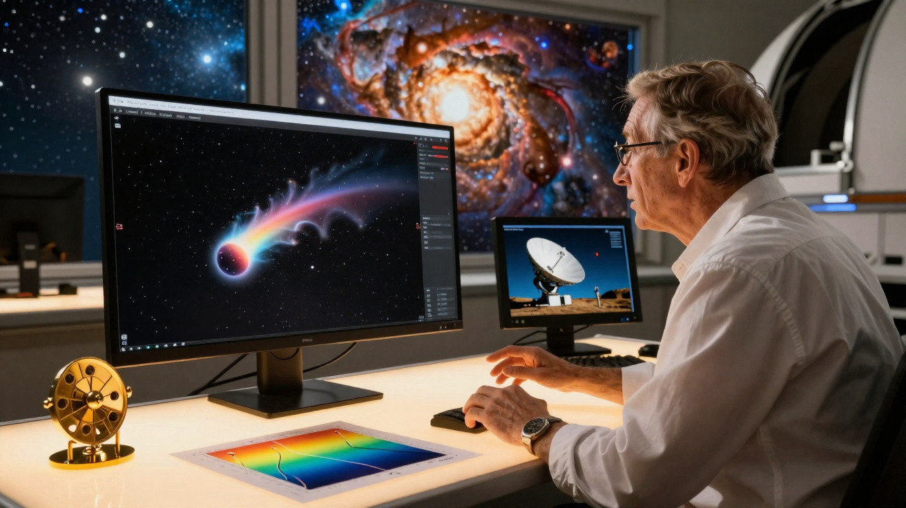 Homem idoso analisa imagens do espaço em monitores com galáxias e cometa em escritório moderno.
