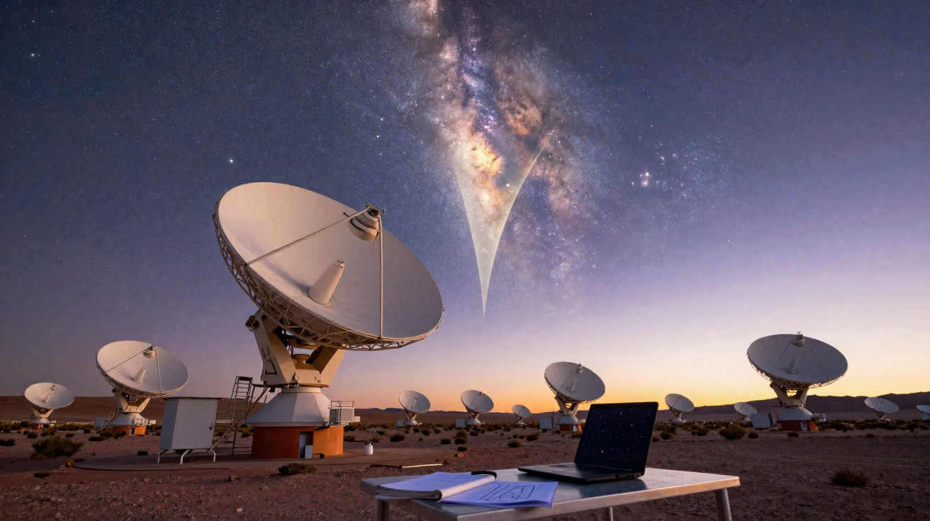 Antenas parabólicas em deserto ao anoitecer com Via Láctea aparecendo no céu estrelado.