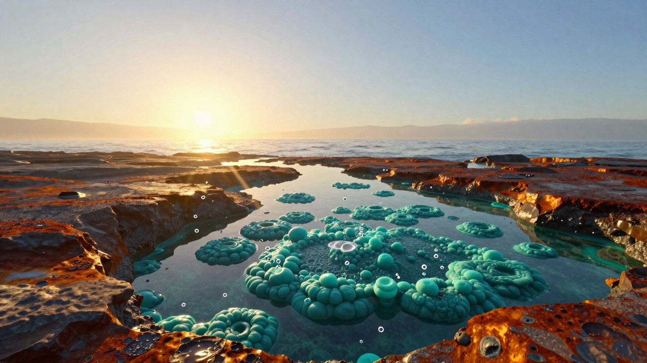 Pôr do sol sobre lago com formações rochosas e bolhas verdes na margem avermelhada.